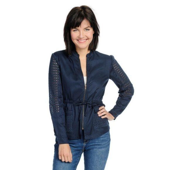 Navy Long Sleeve Zip Up Utility Jacket with Crochet Detail - Picture 1 of 6